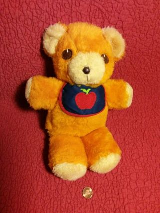 11.  5 " Vtg Fisher Price Orange Bear Apple Bib Squeaks Plush Stuffed Animal Toy