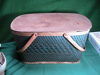 Vintage 70s Picnic Woven Wicker Basket Double Metal Handles Wooden Lid Green