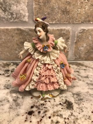 Antique Dresden Lace Volkstedt Porcelain Full Dress Girl Figurine Made Germany