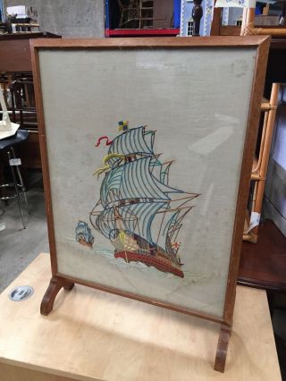 Vintage Old Fire Screen Firescreen Embroidery Galleon Nautical Ship 13/8/s