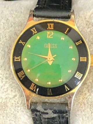 Vintage Ladies Guess Gold Tone Blue Dial Black Leather Band Watch Battery