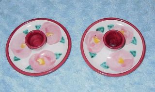 Damariscotta Pottery Maine Candle Holders (set Of 2) Pink Flowers Vgc