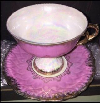 Pink Purple Lustre Ware Tea Cup And Saucer " Land Of Lincoln "