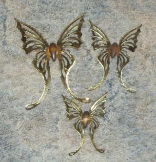 Set Of 3 Vintage Homco Brass Butterflies Home Interiors Wall Decor Wood Body
