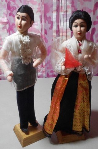 Set Of 2 - Vintage - Phillippines Dolls - Man & Woman - Cloth Dolls On Wood Base