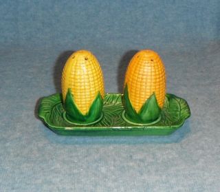 Vintage Occupied Japan Corn Cob Salt And Pepper Shaker With Tray
