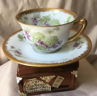 Antique French Porcelain Cup,  Saucer Violets,  Hydrangeas Gilt Trim Ajco France
