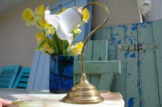 Vintage Art Deco Brass Goose Neck Lamp Step Base & Milk Glass Shade 1950 