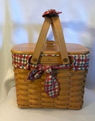 Longaberger Small Picnic Basket W/ Protectors Liner Lid And Handle Protector Tie