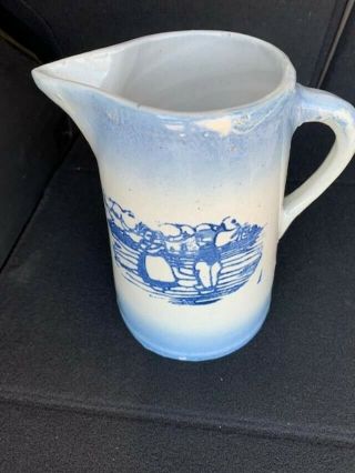 Antique Pottery Stoneware Pitcher Salt Glazed Cobalt Blue Pattern Early American