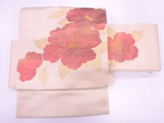 89393 Japanese Kimono / Antique Tsukuri Obi / Woven Floral Plants