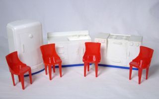 Vintage 7 Piece Plasco Toy Dollhouse Kitchen Blue Red Chair Stove Fridge Sink Js
