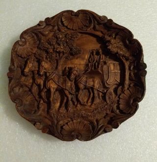 Vintage 9  Hand Carved Wood Plate With Horse And Carriage