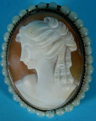 Antique / Vintage Carved Shell Cameo Brooch / Pin,  Pretty Glass? Bead Frame