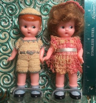 Vintage Knickerbocker Boy & Girl Side Glance Jointed Arms Rattle Dolls W Stands