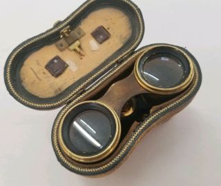 Antique Vintage Lemaire Paris Brass Opera Glasses W Snap Shut Leather Case