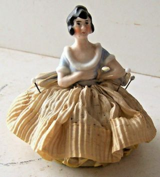 Small Vintage German Lady Blue Blouse Half Doll Pincushion