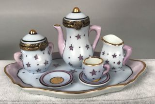 Eximious Limoges Trinket Box - 7 Piece Tea Coffee Set W/ Tray Pink Stars - 478