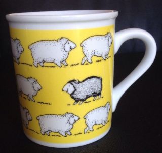 Vintage Enesco Ceramic Coffee Mug With Sheep And 1 Black Sheep Not Following.