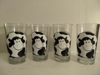 Vintage Cartoon Cow Pint Sized Clear Glass Drinking Cup,  12 Fl.  Oz,  Set Of 4