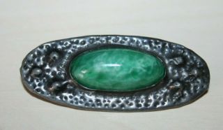 Antique Ruskin Style Arts And Crafts Pewter Oval Green Stone Handmade Brooch