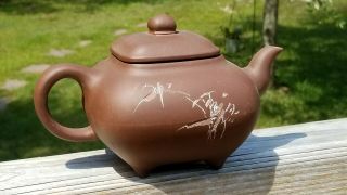 Good Chinese Old Yixing Zisha Clay Footed Teapot w/inscription 3
