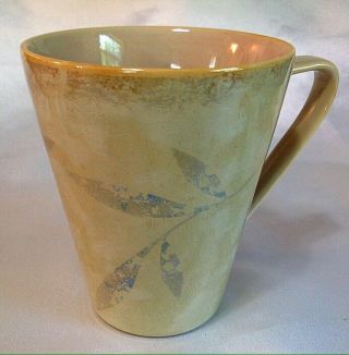 Pier 1 Stoneware Mug Cup Tan Antiqued Mottled Blue Leaves