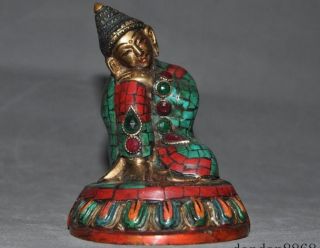 Tibet Buddhism Bronze Gilt Inlay Turquoise Coral Sleep Sakyamuni Buddha Statue