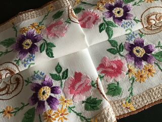 Vintage Linen Hand Embroidered Tray Cloth Anemones/roses