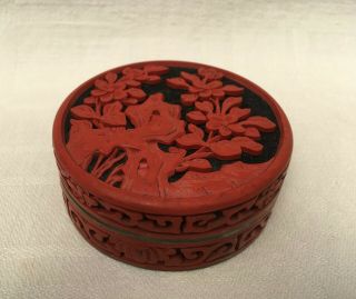 Vintage Chinese Red Cinnabar Blossom Black Ground Blue Enamel Trinket Box 3 " Dia