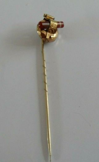 Antique Victorian Carnelian Set Ring Type Tie Pin In Gold Coloured Metal.