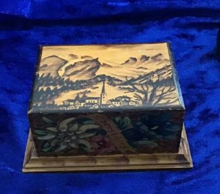 Vintage Wooden Hand Painted & Decorated Stamp Box From Switzerland