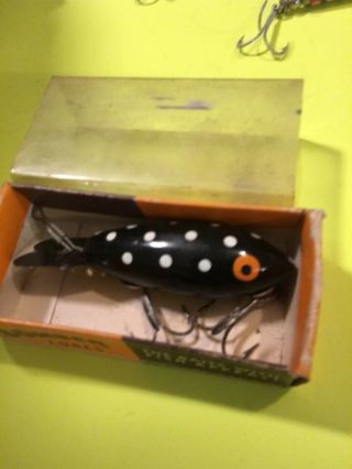 Old Wood Bomber Bait Lure Black White Spotted 3” Length Lure