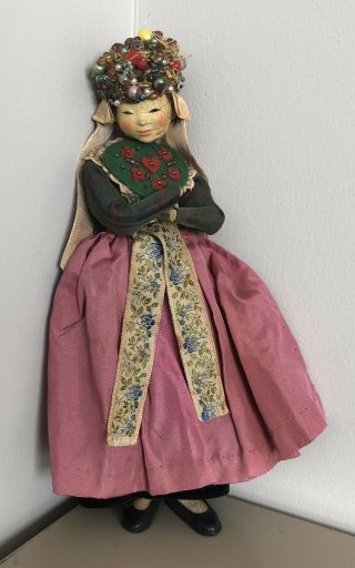 Antique 12” Wooden Doll W/intricate Beading & Embroidering (russian?)