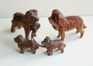 St Bernard Dogs,  Miniatures,  Black Forest (?) Carved Figures,  Family Of Four.