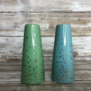 Set Of 2 Small Ceramic Bud Vases Blue Green Gold Specks