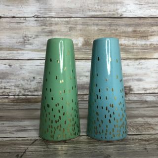 Set Of 2 Small Ceramic Bud Vases Blue Green Gold Specks 2