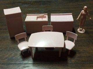 Vtg (7) Pc “mpc” Pink Plastic Dollhouse “kitchen Set” W/woman Figure Gvc