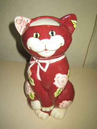 Ganz Bella Casa Raspberry Floral Ceramic 9” Kitty Cat Flower Vase Purrfect 2