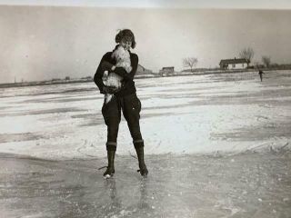 Vintage Antique Snapshot Photo Young Woman Ice Skating W/ Dog 1930s