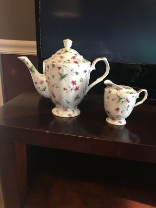 Vintage Antique Fine Bone China White Floral Tea For One Teapot And Creamer