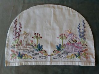 Vintage hand embroidered crinoline lady tea cosy floral embroidery Art Deco vgc 4