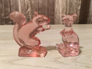 Pair: Vintage Antique Pink Glass Squirrel & Mouse On Cheese