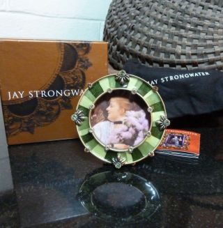 Jay Strongwater Swaroski Adorned Round Enamel Green 3 1/4 " Picture Frame W/ Box
