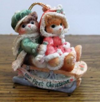 Vtg Enesco Calico Kittens Our First Christmas Ornament Two Kittens On Sleigh Vgc