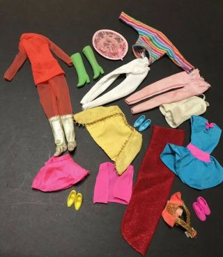 Vintage Barbie Doll Clothes 1970’s,  Mattel Boots Pantsuit Dress Gown Shoes