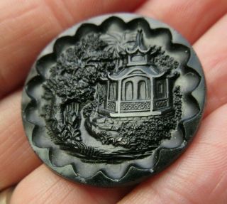 Magnificent Large Antique Vtg Victorian Black Glass Picture Button Pagoda (q)