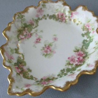Antique Limoges Porcelain Leaf Shaped Dish Pink Flowers Emerald Scrolls W Gilt