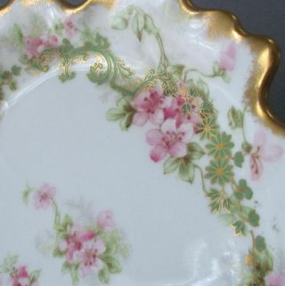 Antique LIMOGES Porcelain LEAF Shaped Dish PINK Flowers Emerald SCROLLS w GILT 3