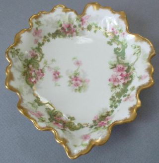 Antique LIMOGES Porcelain LEAF Shaped Dish PINK Flowers Emerald SCROLLS w GILT 4
